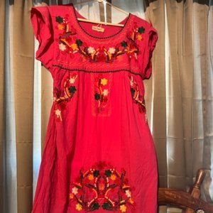 Linen Doll Style Dress Mexican Embroidered Peasant